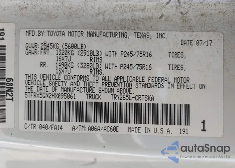 2017 Toyota Tacoma Sr z USA, uszkodzony, nr VIN 5TFRX5GN2HX095861